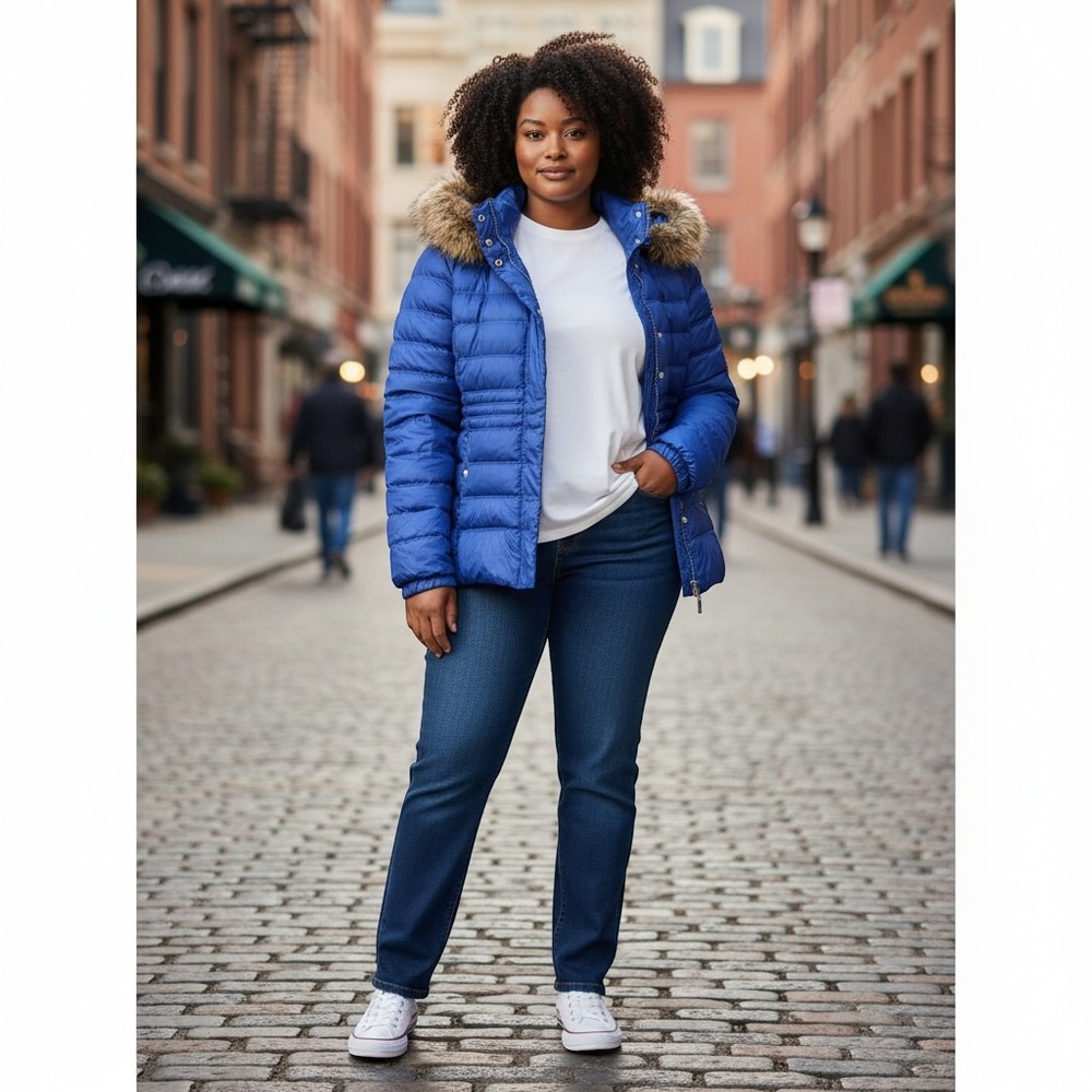 Tommy Hilfiger Puffer Jacket XXL Royal Blue Good Faux Fur Hood Quilted Coat